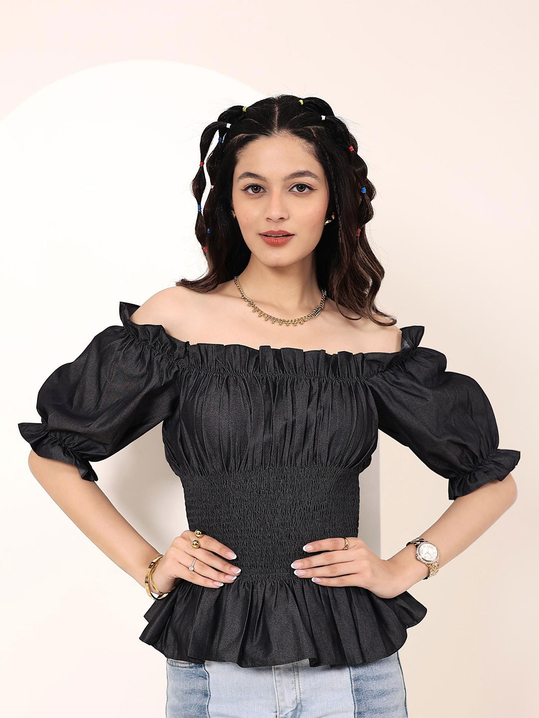 KAORI BY SHREYA AGARWAL Cotton Denim Off-Shoulder Smocked Waist Top