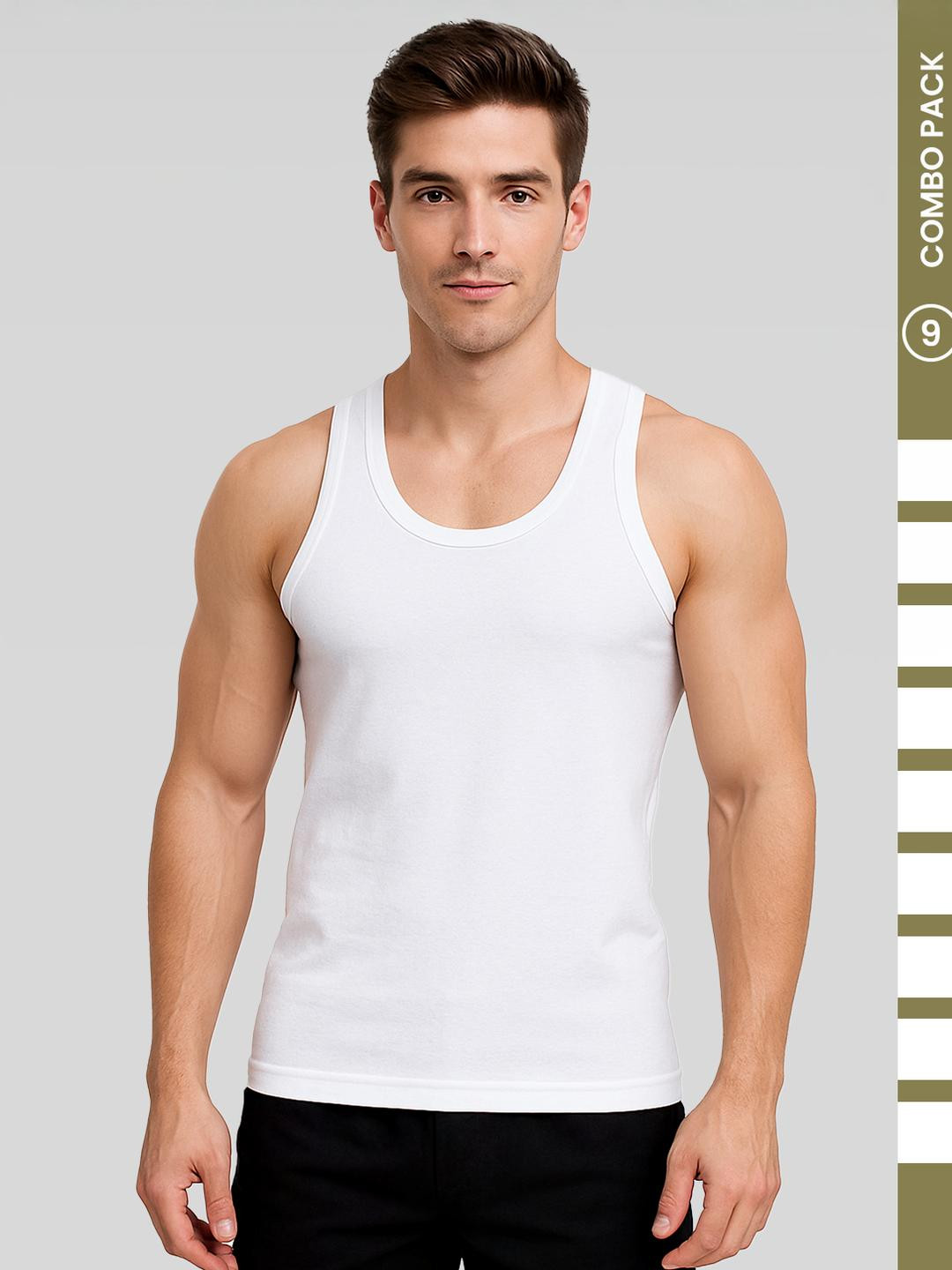 Amul Comfy Men's Cotton White Solid Sleeveless Vest Pack of 9