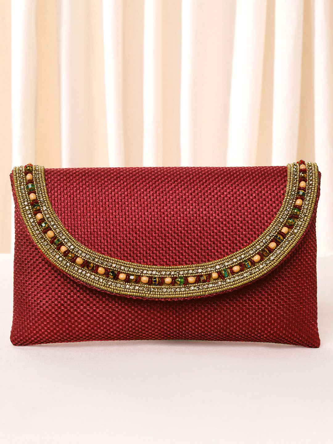 Peora Embellished Beaded Clutch With Shoulder Strap