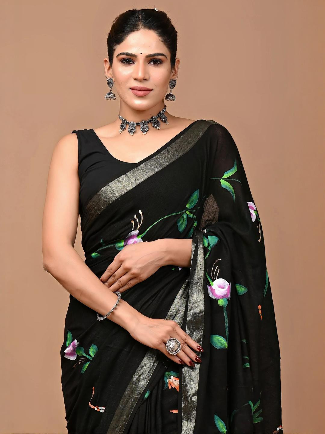 Crafts Moda Women Black Floral Linen Blend Block Print Saree