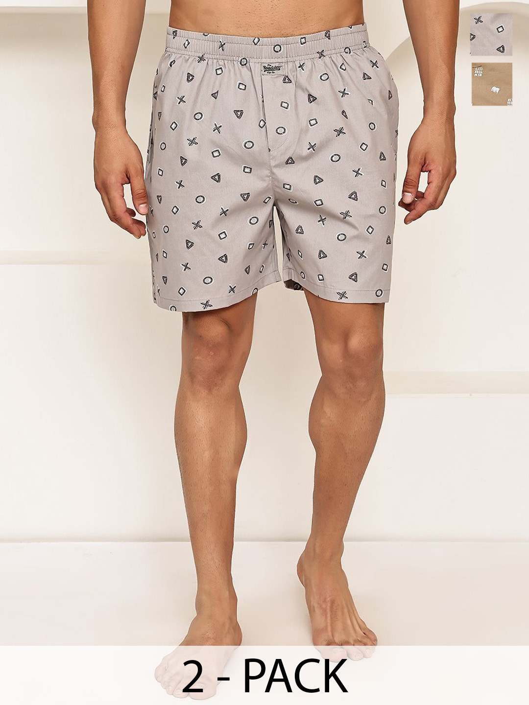The Roadster Lifestyle Co Pack Of 2 Printed Pure Cotton Boxers-RDBX_155Beige-Grey_Pack-2