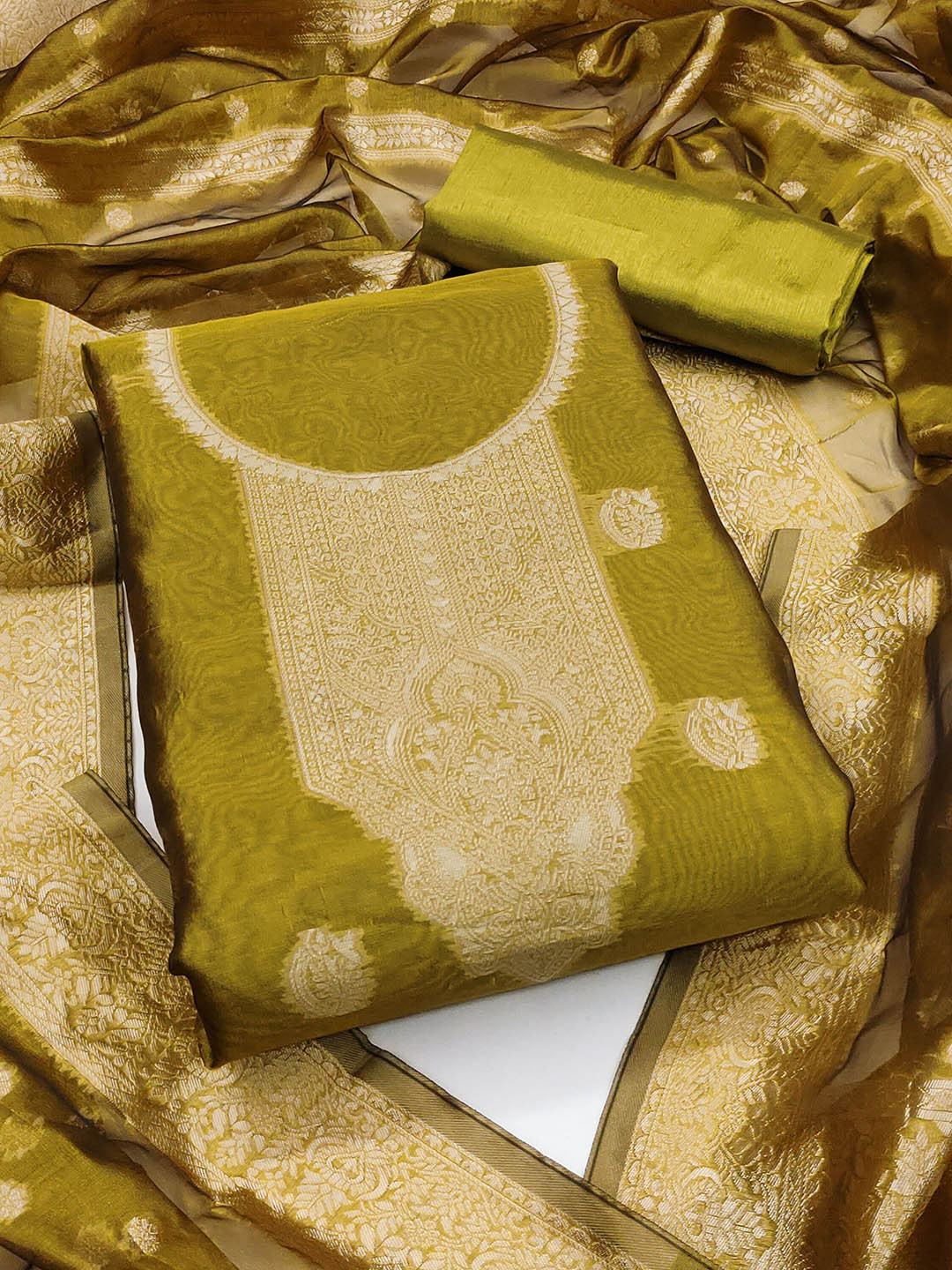 HERE&NOW Ethnic Motifs Woven Design Zari Simmer Silk Unstitched Dress Material