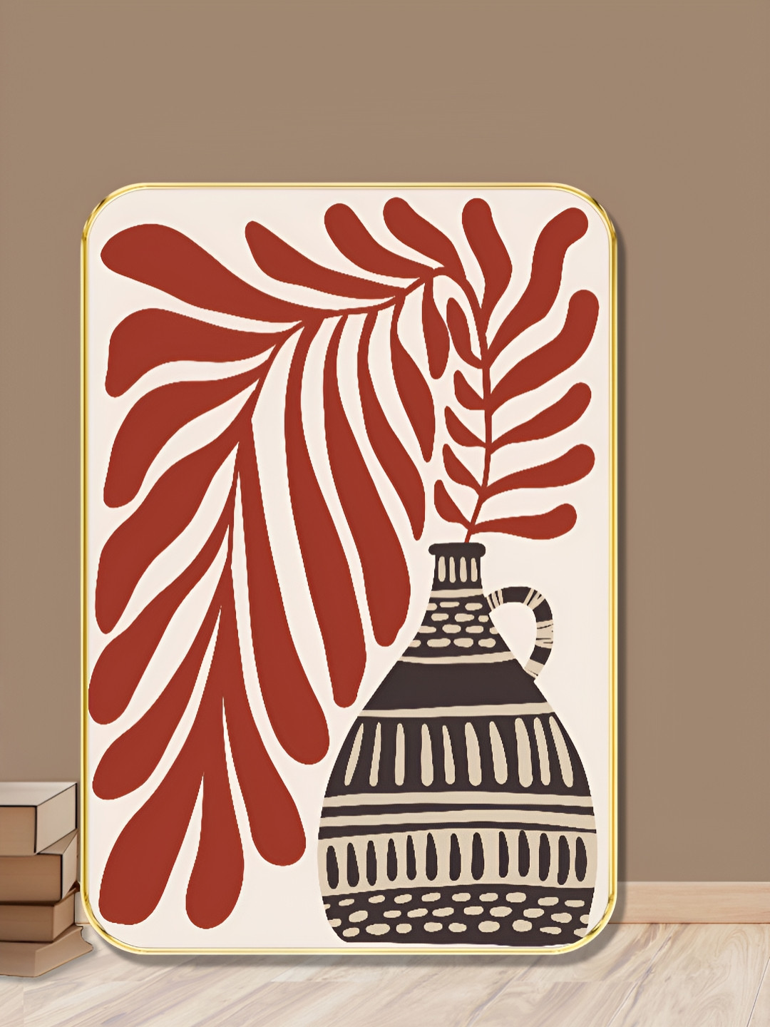 Livin'luxe Maroon & Black Boho Vase With Botanical Leaves Rectangle Wall Art