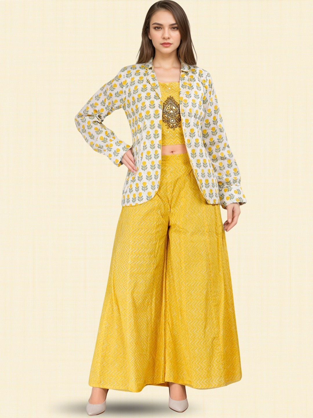 MYROR Embellished Beads And Stones Round Neck Top & Palazzos With Blazer