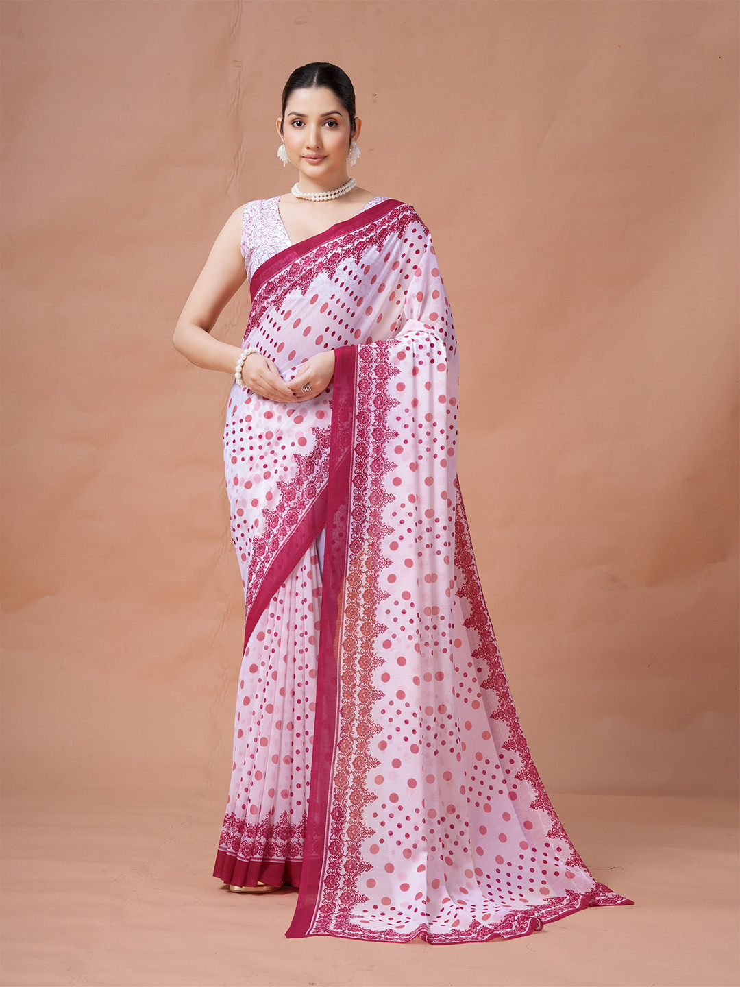 Garden Vareli Polka Dot Printed Pure Georgette Saree With Unstitched Blouse