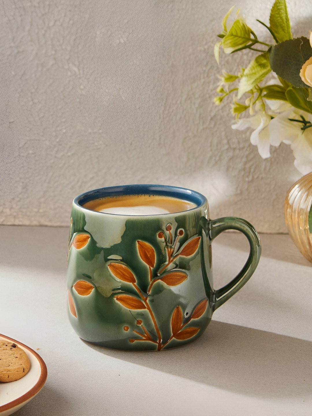 Fabindia Naintara Green & Pink Floral Textured Ceramic Matte Mug 320 ml