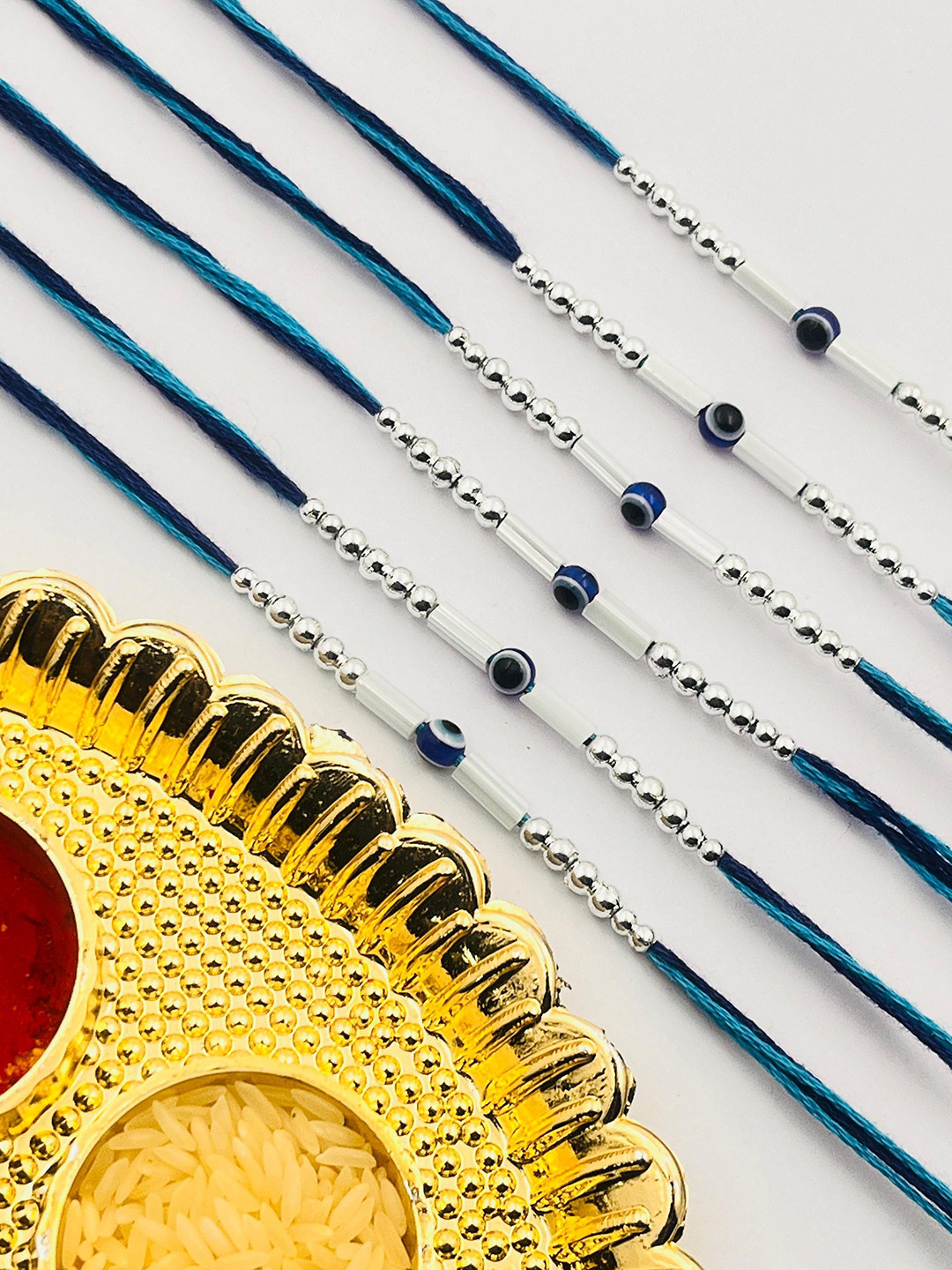 TANAIRA Set Of 6 Artificial Beaded Thread Rakhis With Roli Chawal