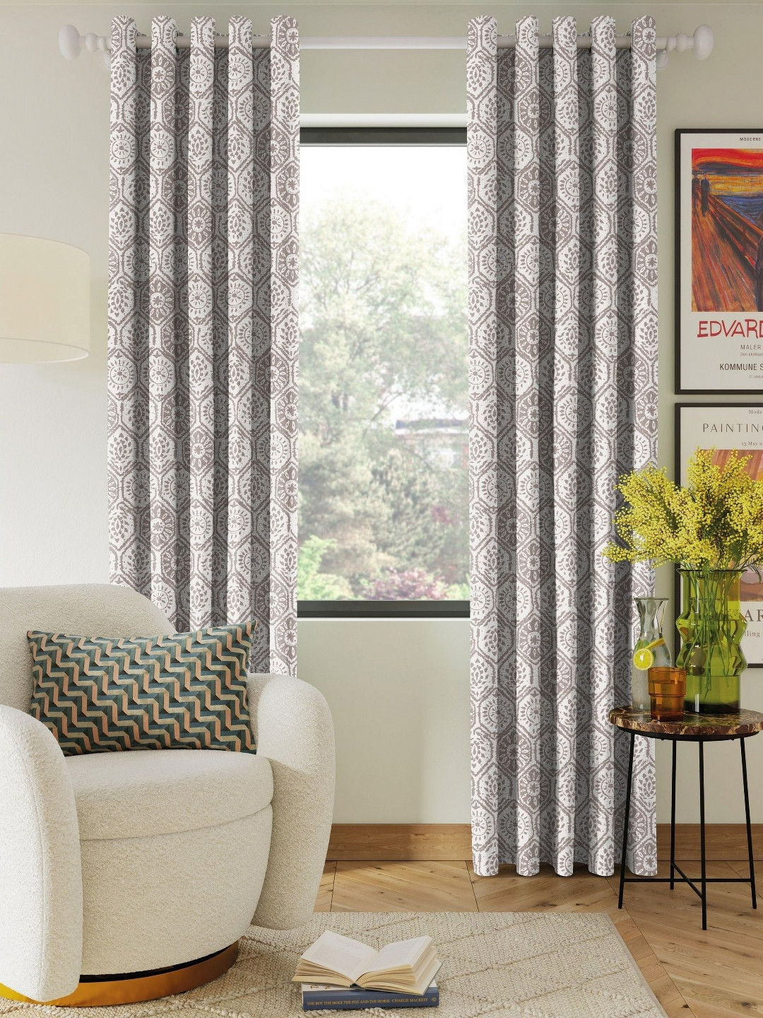 Nefertiti Home Tan 2 Pieces Floral Printed Black Out Long Door Curtains