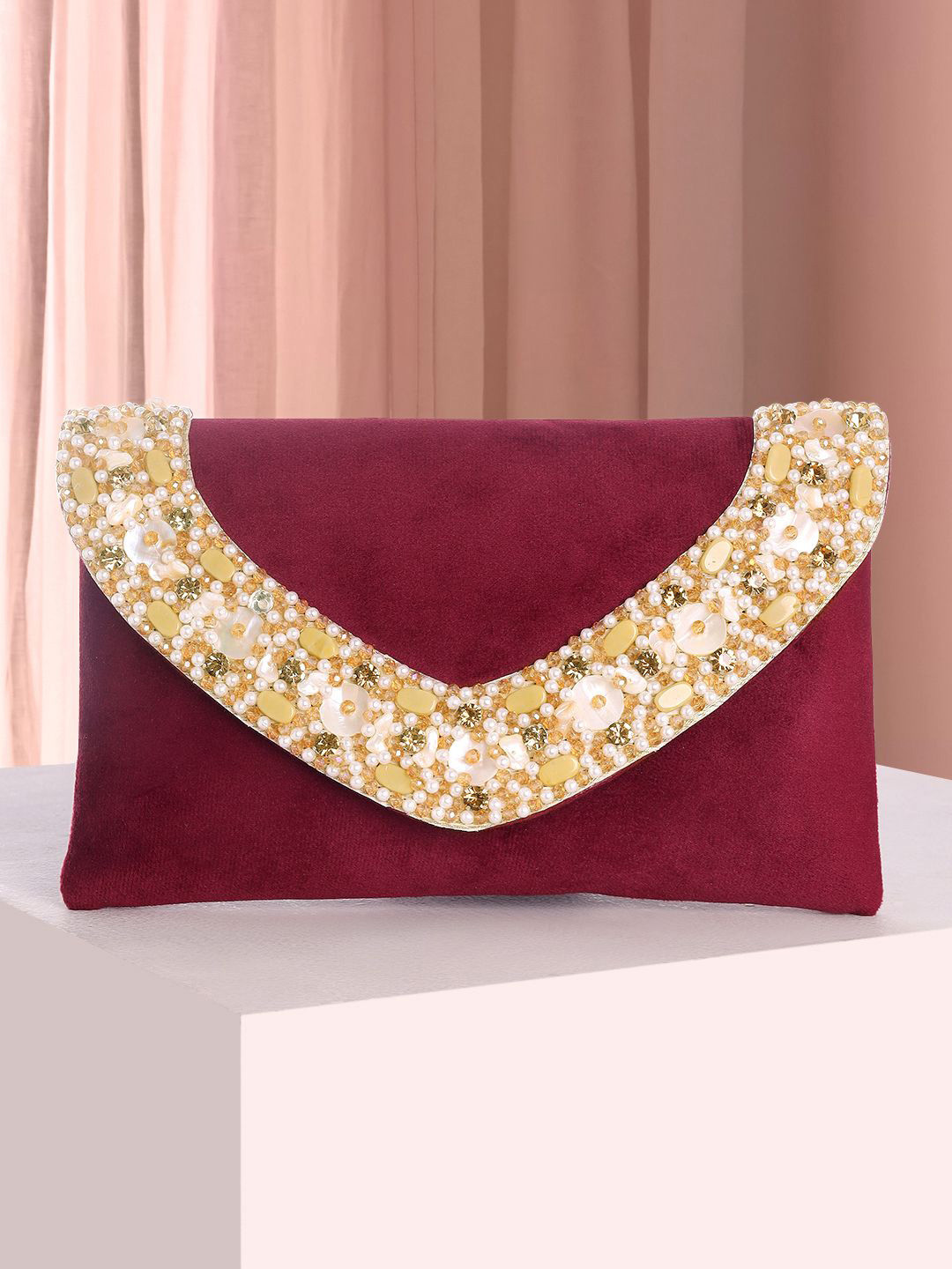 Peora Embellished Velvet Clutch With Shoulder Strap