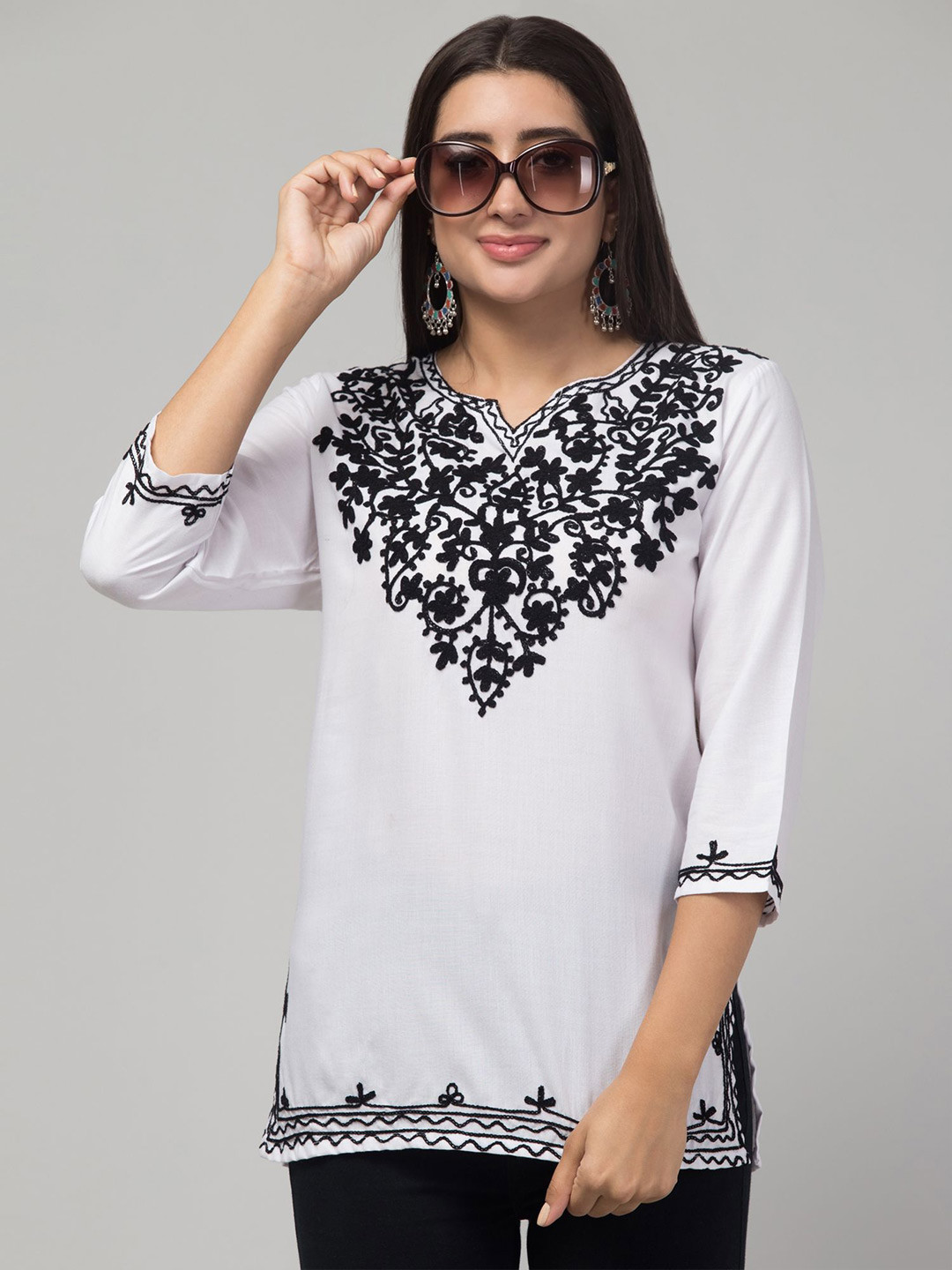 ILMA CREATION Floral Yoke Design Notch Neck Pure Cotton Straight Kurti