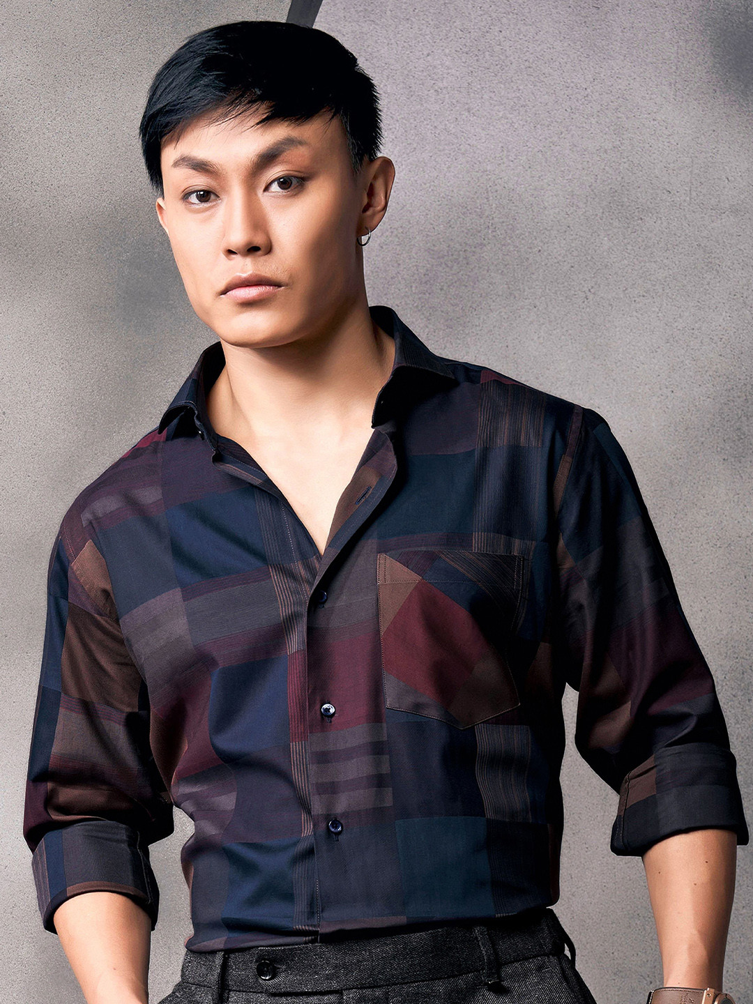 FRENCH CROWN Formal Checked Long Sleeves Cotton Shirt