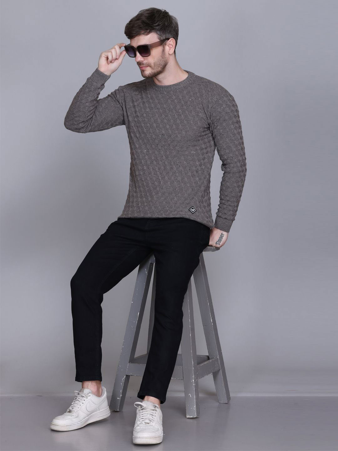 Rare Times Men Geometric Self Design Pullover