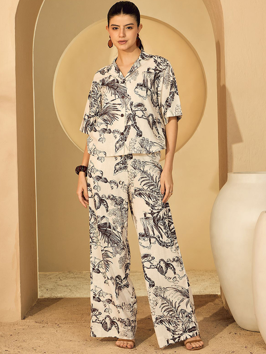 DELAN Floral Printed Lapel Collar Shirt With Trousers