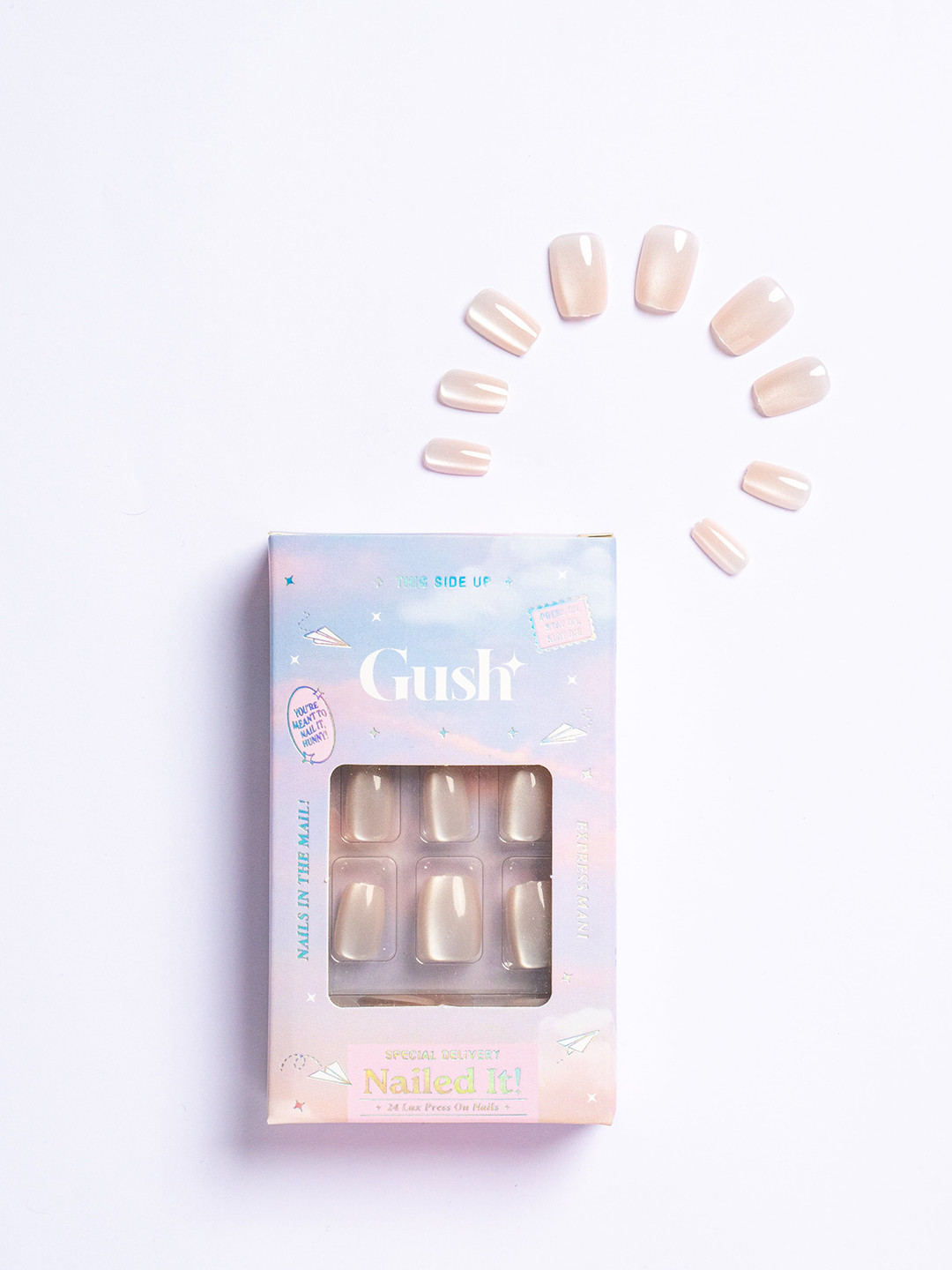 Gush Beauty Set Of 24 Reusable Press On Nails With Application  - Creme Cat Eye