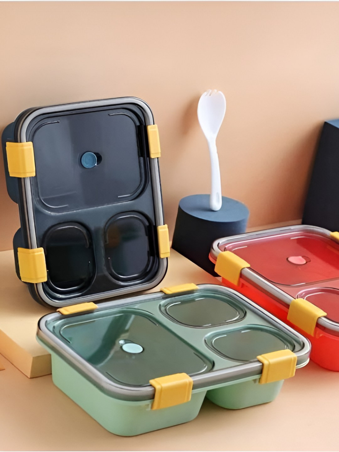 upkaranwale 6Pcs Black & Green Lunch Boxes With Utensils Set with Case