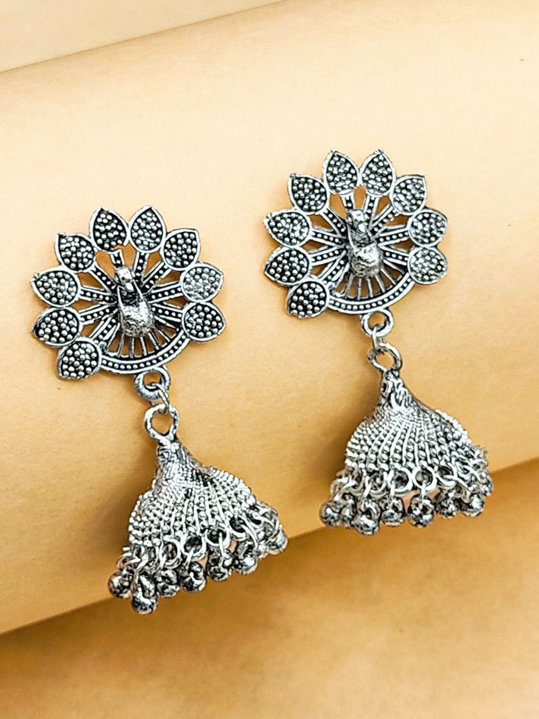 Saizen Rhodium-Plated Ghunghroo Beaded Oxidised Dome Shaped Jhumkas