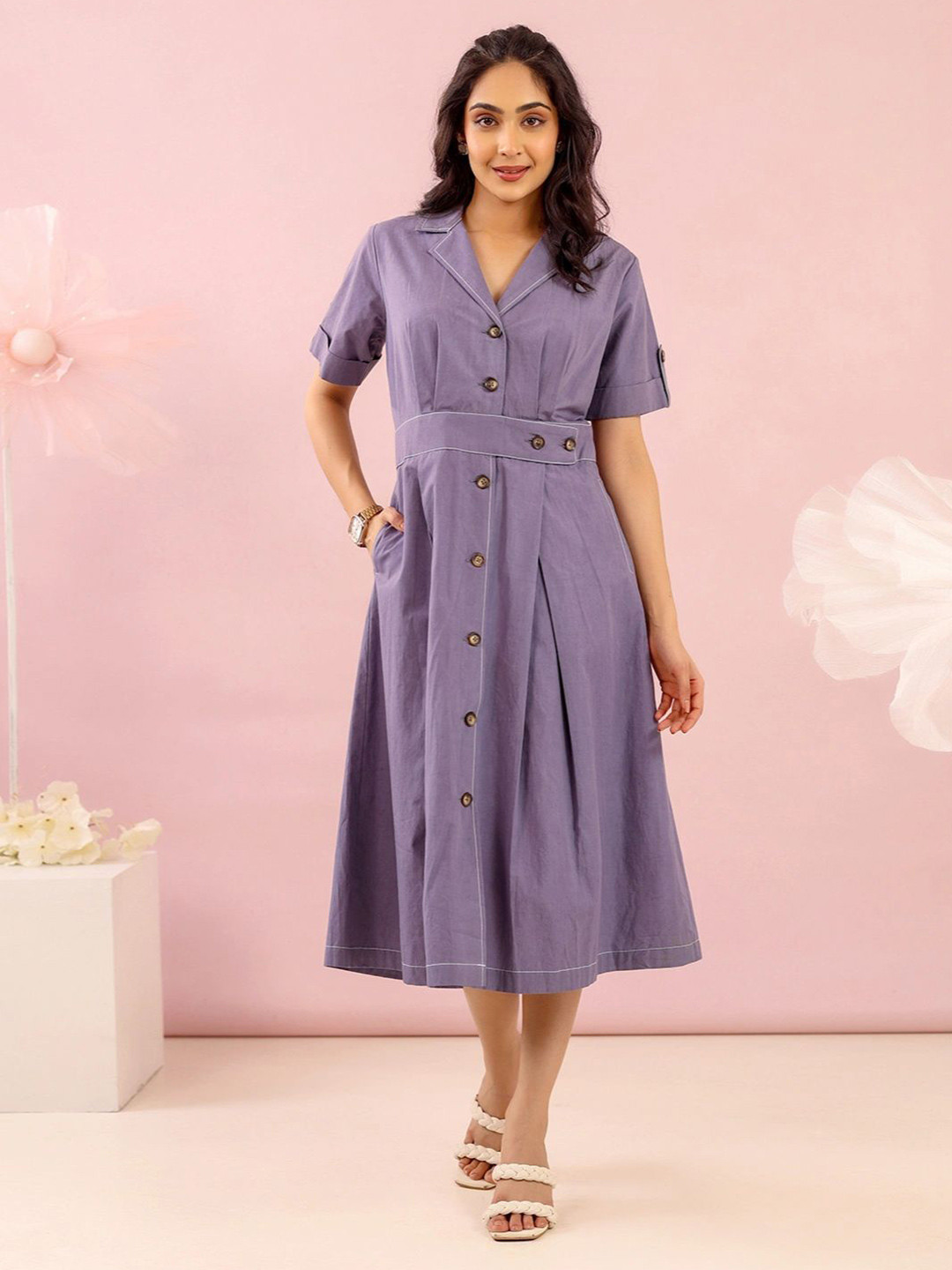 MISRI Shirt Coller Roll-Up Sleeves Shirt Midi Dress