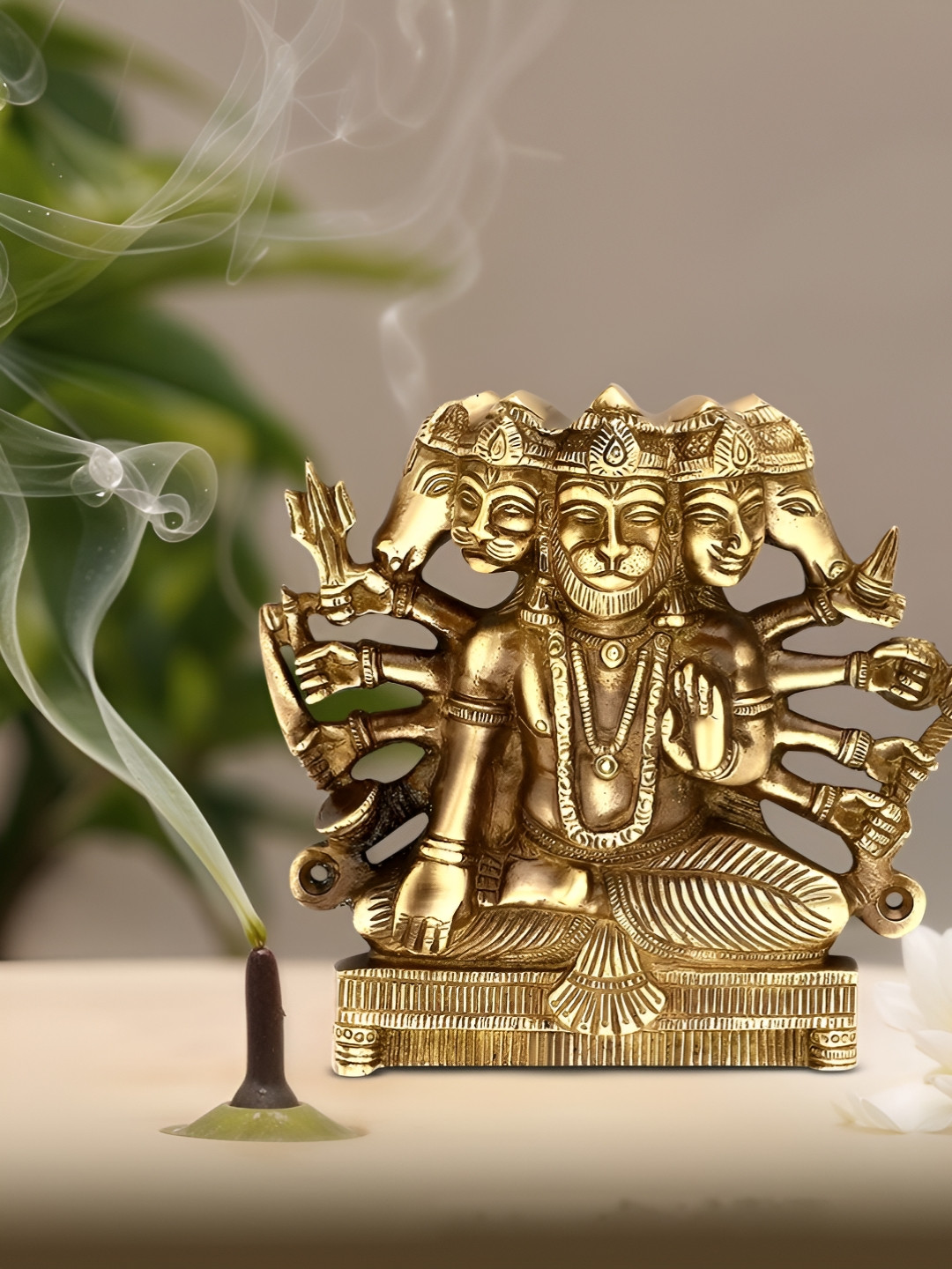 PLUS POINT Yellow & Brown Textured Panch Mukh Hanuman Showpiece