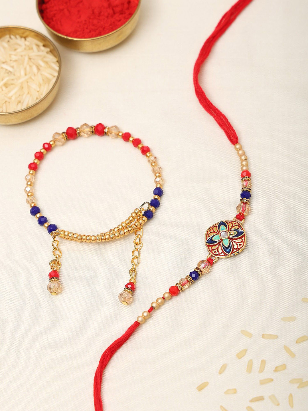 Exotic India Stone Studded & Beaded Floral Design Thread Rakhi & Adjustable Bracelet Rakhi