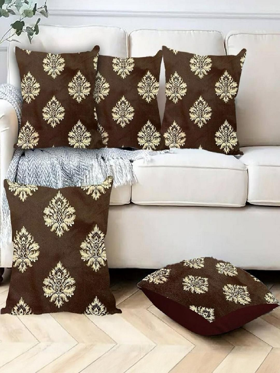 TURIYA Set of 5 PC Brown Ethnic Motifs Velvet Square Cushion Covers