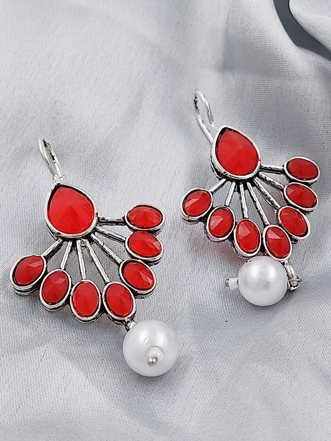 Saizen Silver-Plated Stones Studded & Pearls Beaded Oxidised Teardrop Shaped Drop Earrings