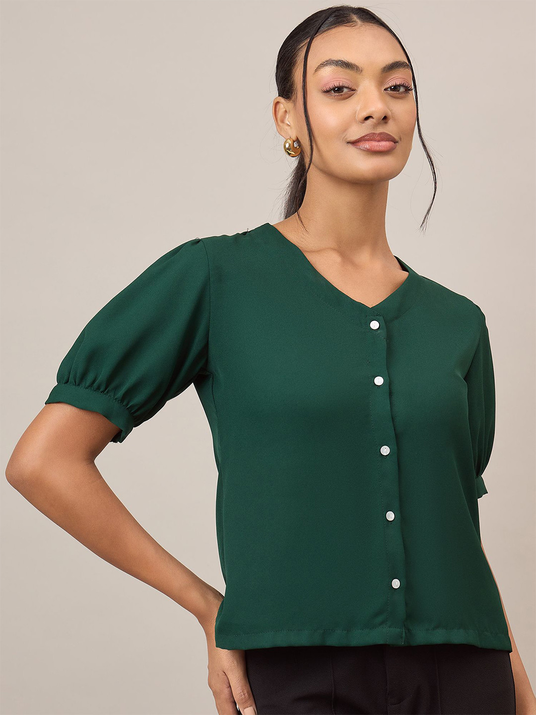 R.Code by The Roadster Life Co. Women V-Neck Puff Sleeve Shirt Style Top