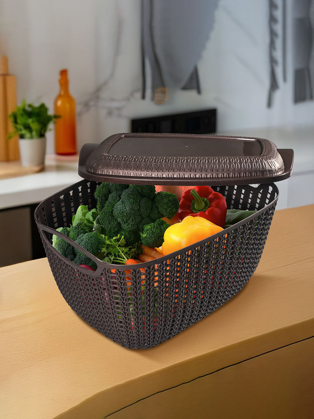 Kuber Industries Brown Plastic Basket for Storage Vegetables and Fruits with Lid