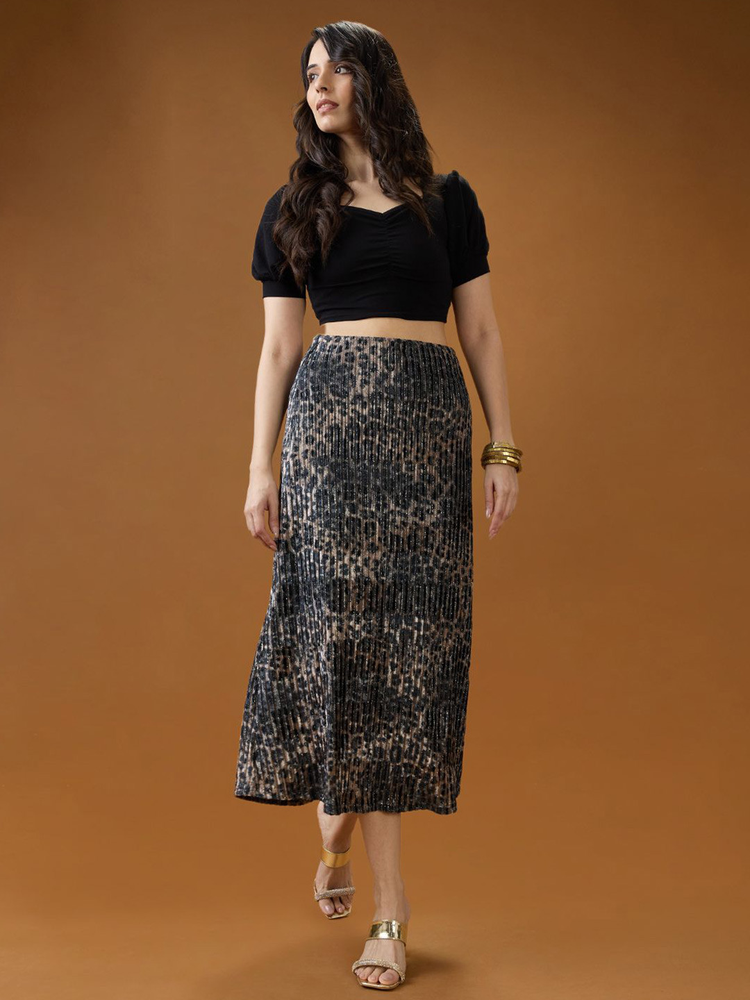 Globus Pleated Leopard Print Shimmer Detailing Mid-Rise A-Line Midi Skirt