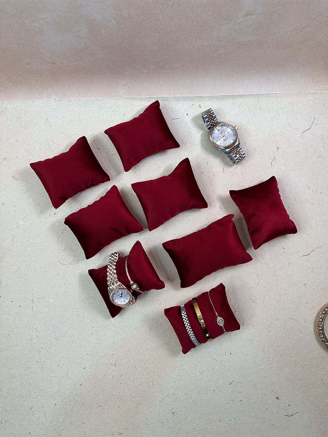 La Trove Set of 8 Maroon Velvet Wrist Watch Organiser Pillow Cushion