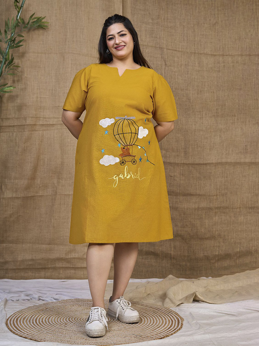 Curvy Lane Women Graphic Embroidered V-Neck A-Line Dress