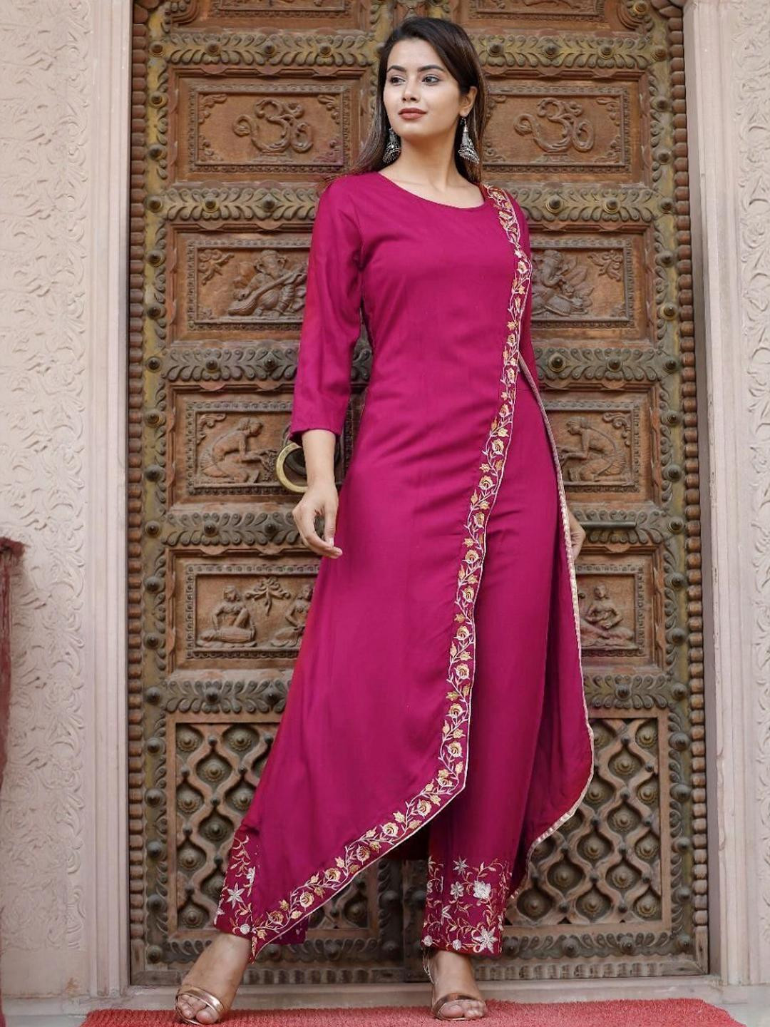 RA Creation Women Mustard Embroidered Viscose Rayon Kurta Sets