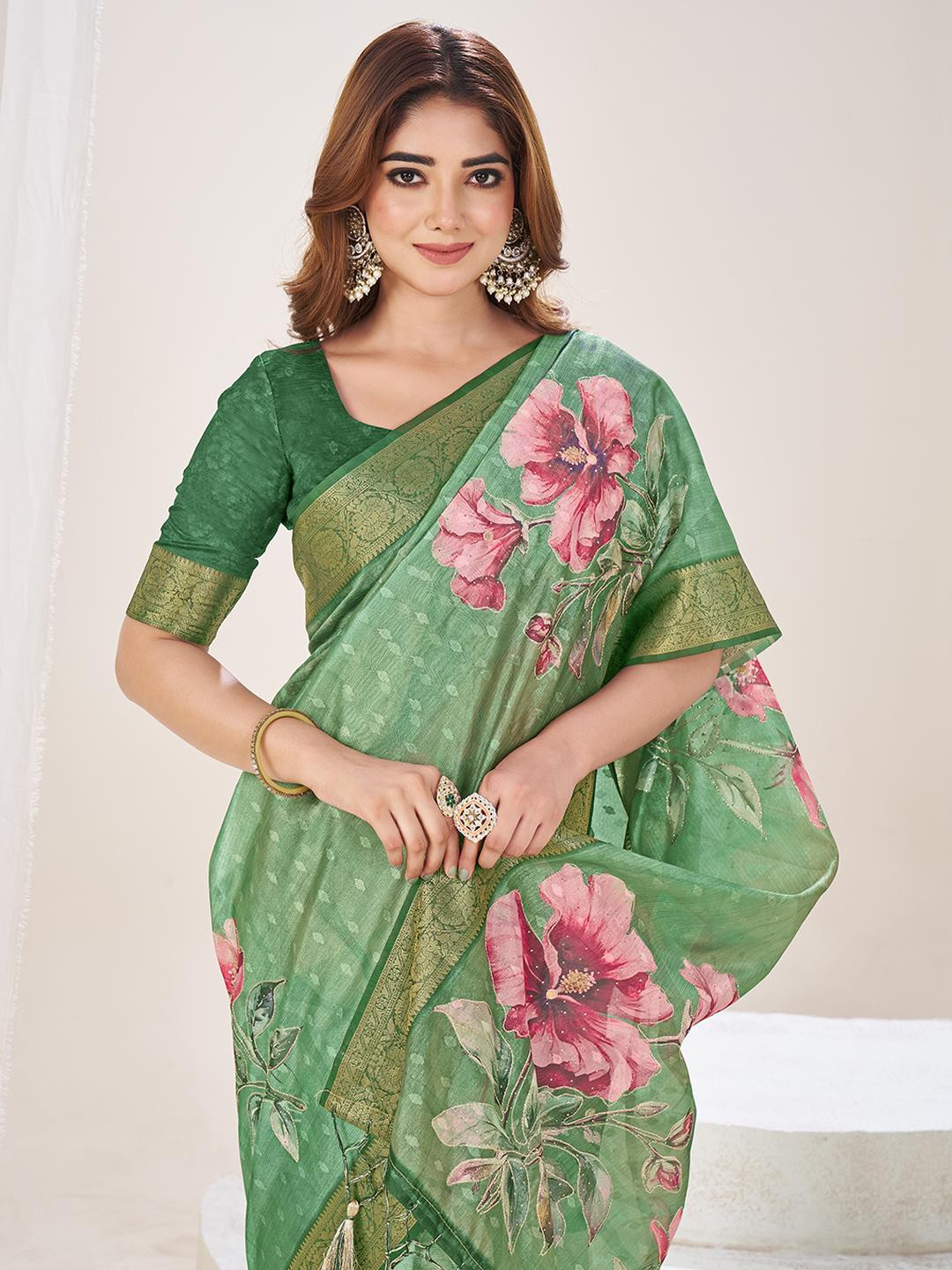 TASRIKA Green Floral Cotton Silk Saree