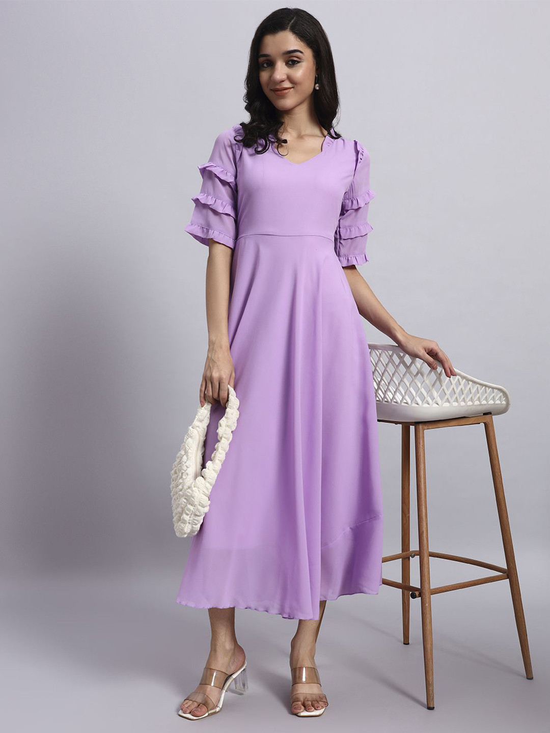 HELLO DESIGN V- Neck Ruffled Georgette Fit & Flare Midi Dress