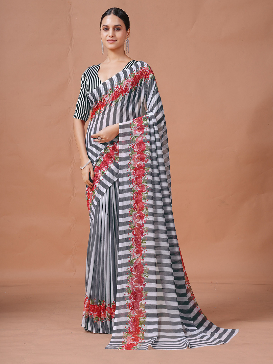 Garden Vareli Striped Printed Pure Georgette Saree