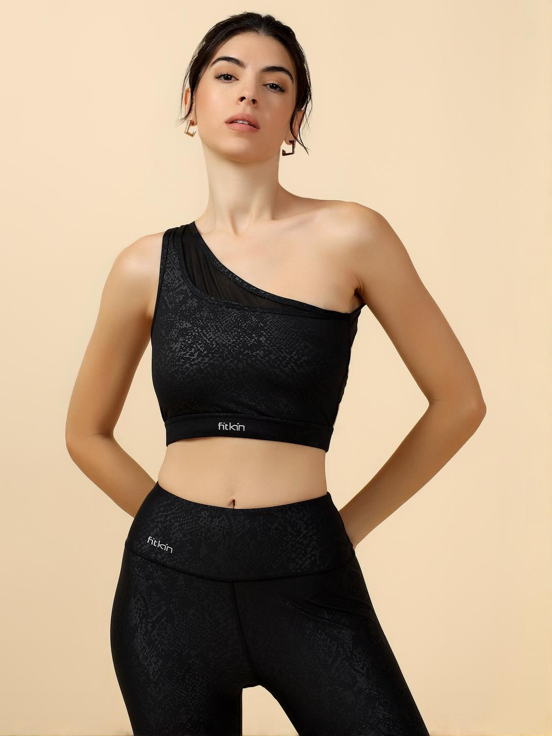 Fitkin Luxe  Black Polyester Non-Wired Removable Padding Workout Bra