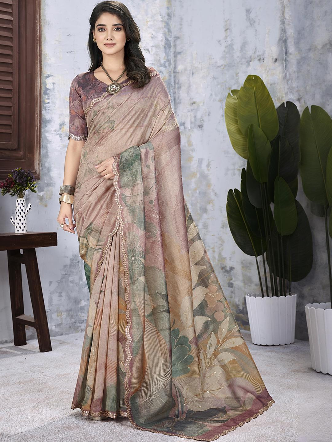 JYA Women Brown Floral Printed Tissue Silk Saree With Blouse Piece