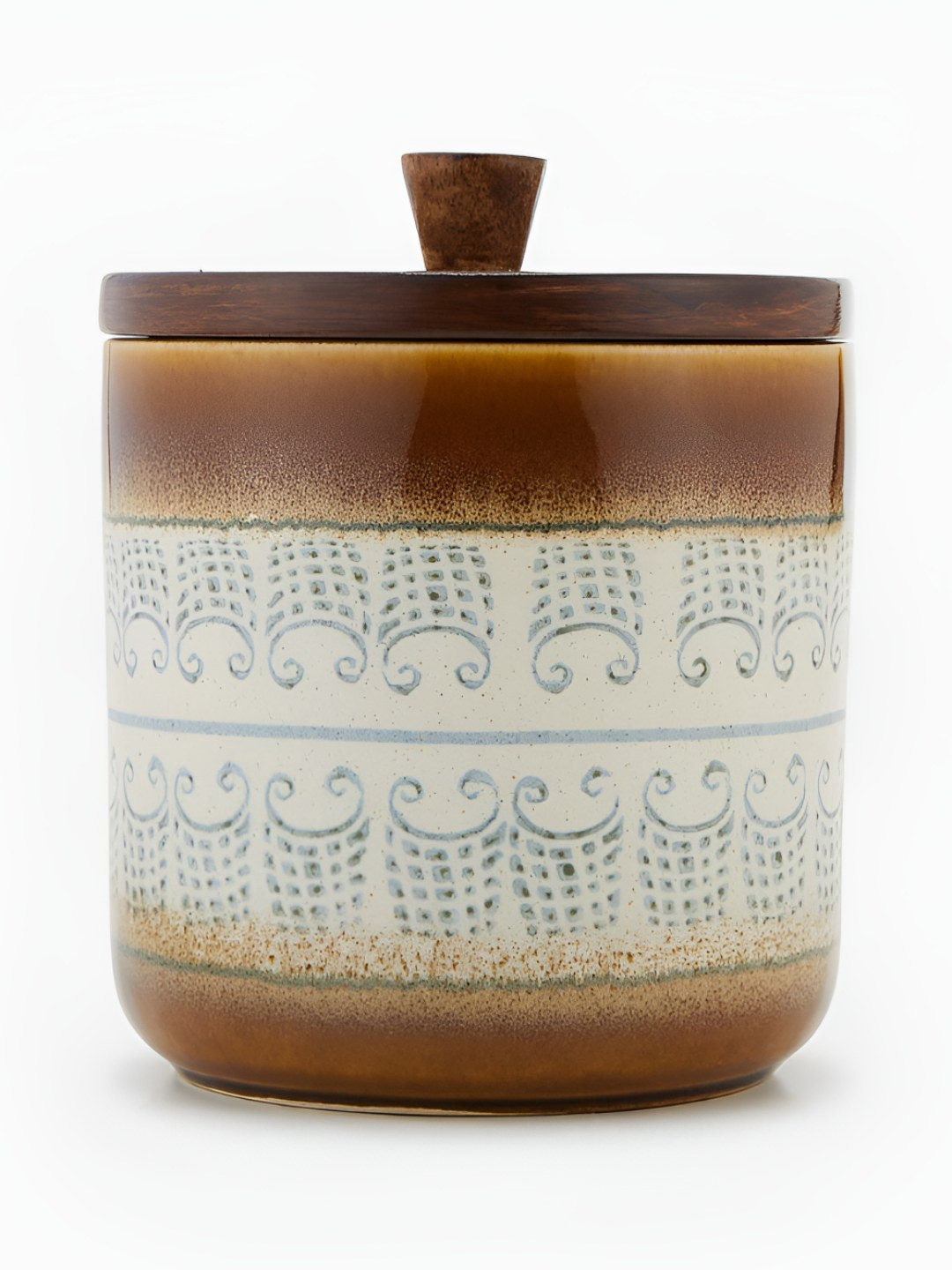 Fabindia Chavi Brown & White Printed Ceramic Jar Container