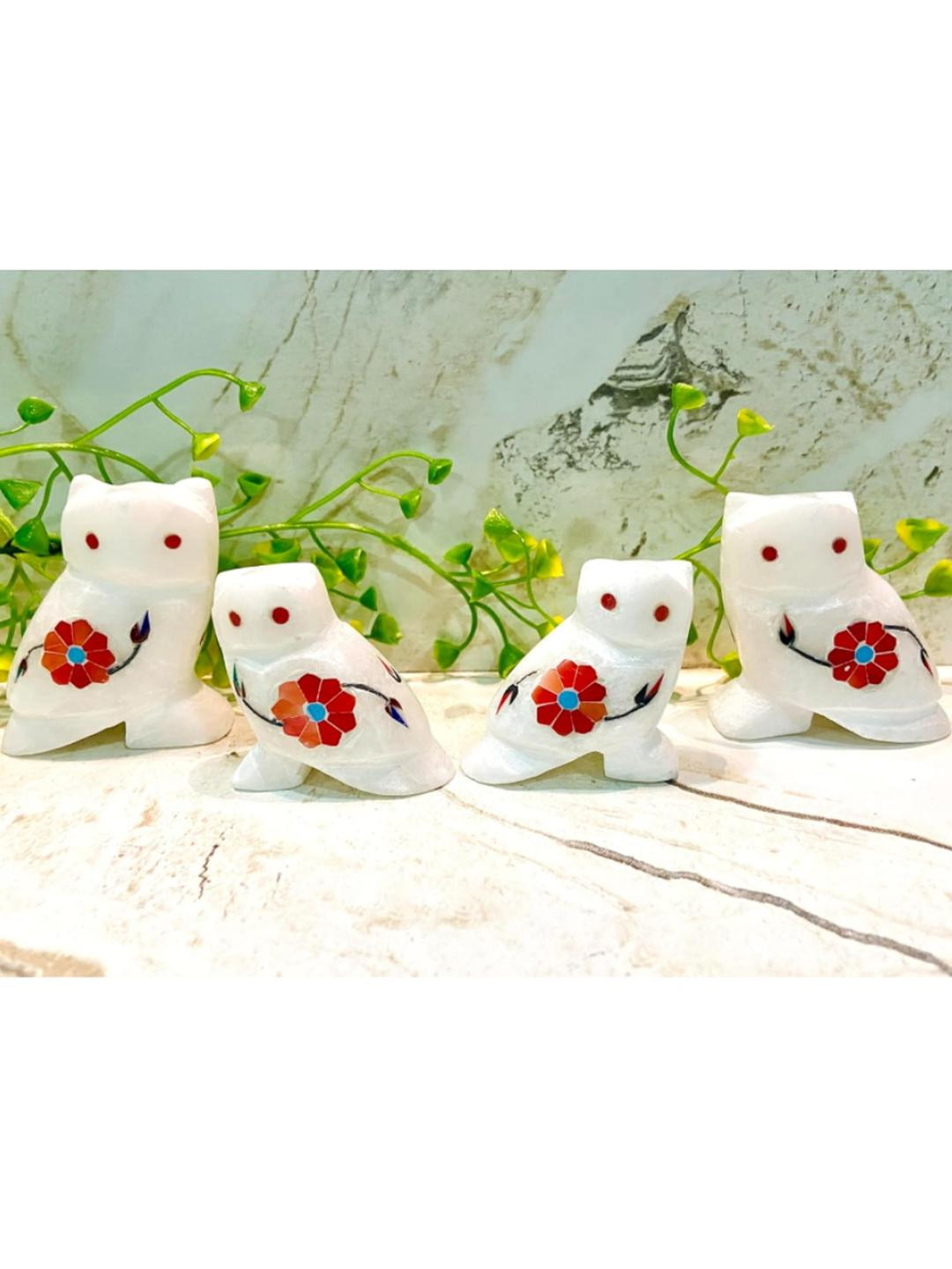 ALTAICA Set of 4 Marble White & Red Floral Printed Handcrafted Decorative Statue Owl Home