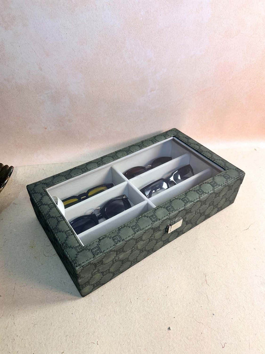 La Trove 6 Slot Olive Green Leather Sunglass Organizer Glass Top Box