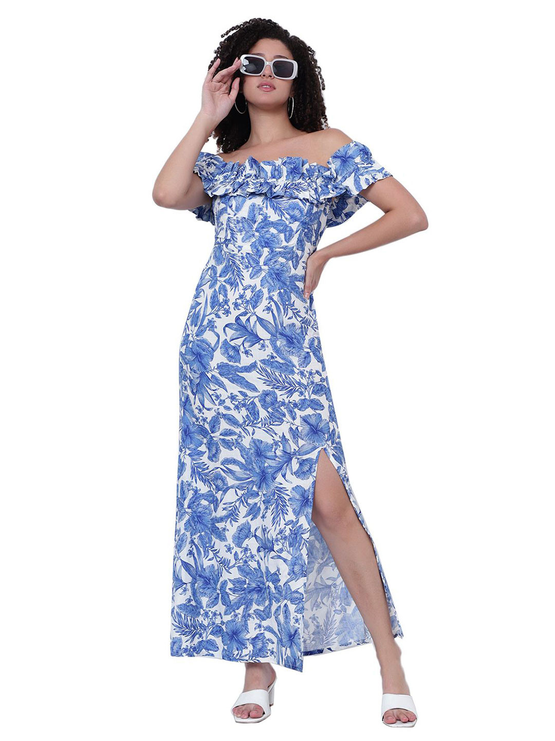 God's Club Women Off-Shoulder Cotton Side Slits A-Line Maxi Dress