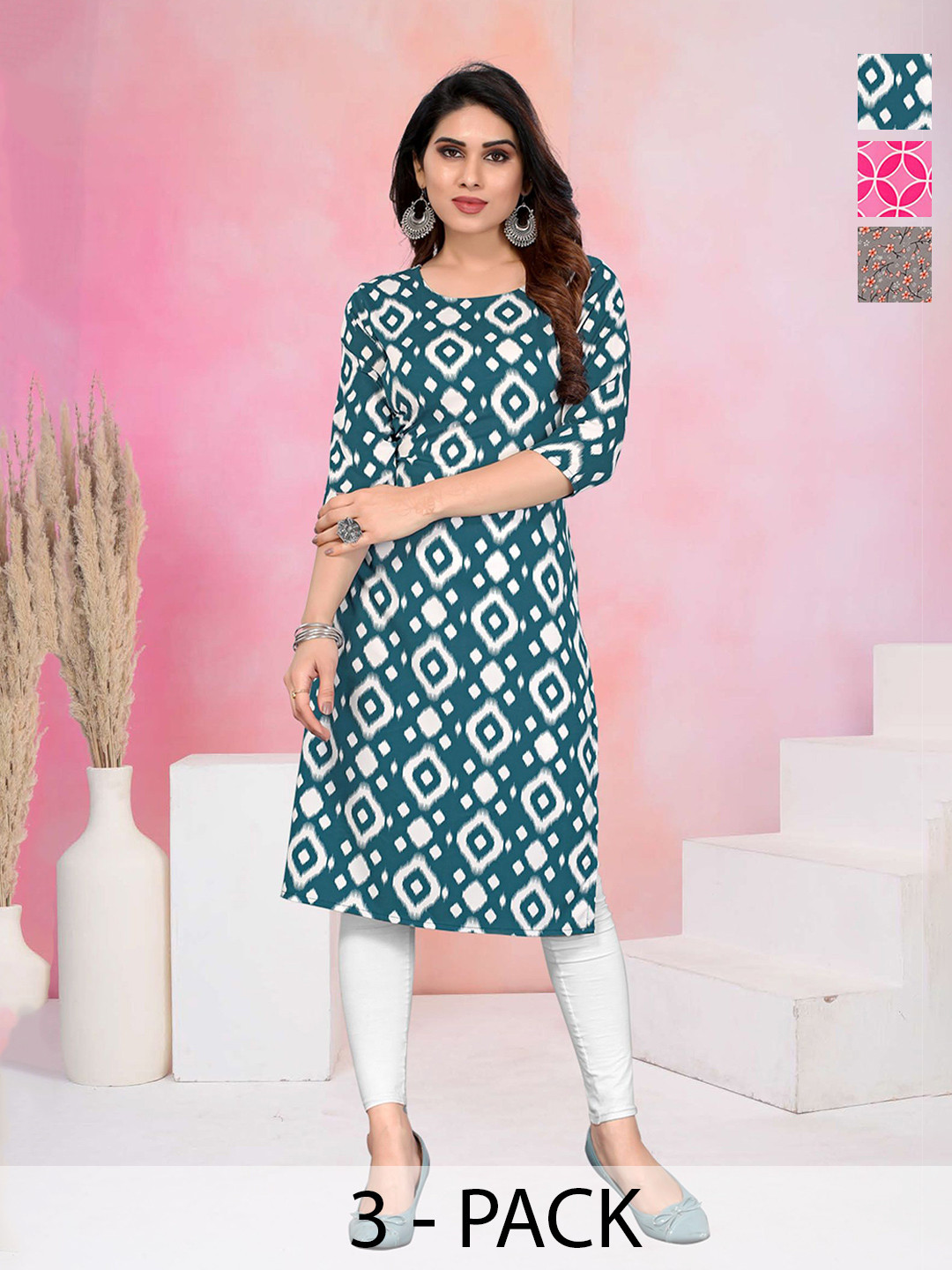 KETAKI FASHION Women Pack of 3 Geometric Printed Ikat Daily Straight Kurtas