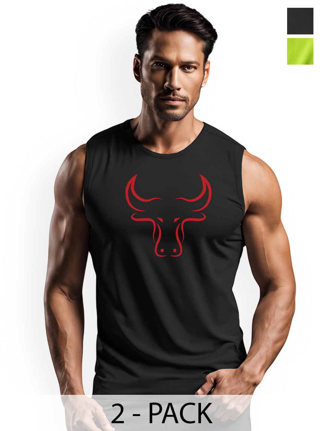 3Colors  Pack Of 2 GymVests VEST-2C-CCUT-BLK BULL_GREEN CROSSBEAT_M