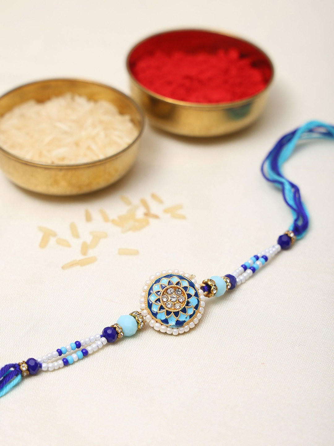 Exotic India Stone Studded & Beaded Floral Meenakari Design Enamelled Thread Rakhi