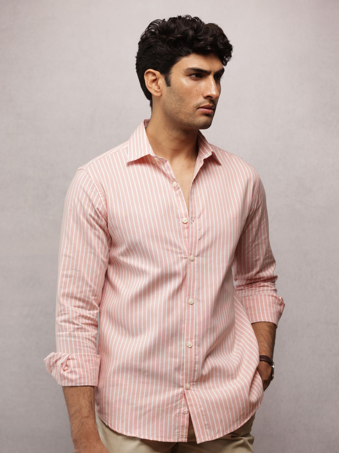 Peach & White Regular Fit Vertical Striped Casual Shirt