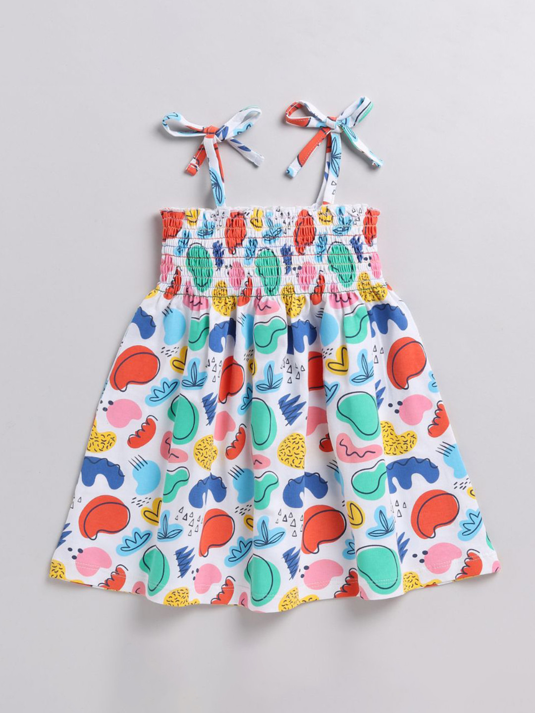 SNUGGLY MONKEY Girls Abstract Print Shoulder Straps Smocking Cotton Fit & Flare Dress