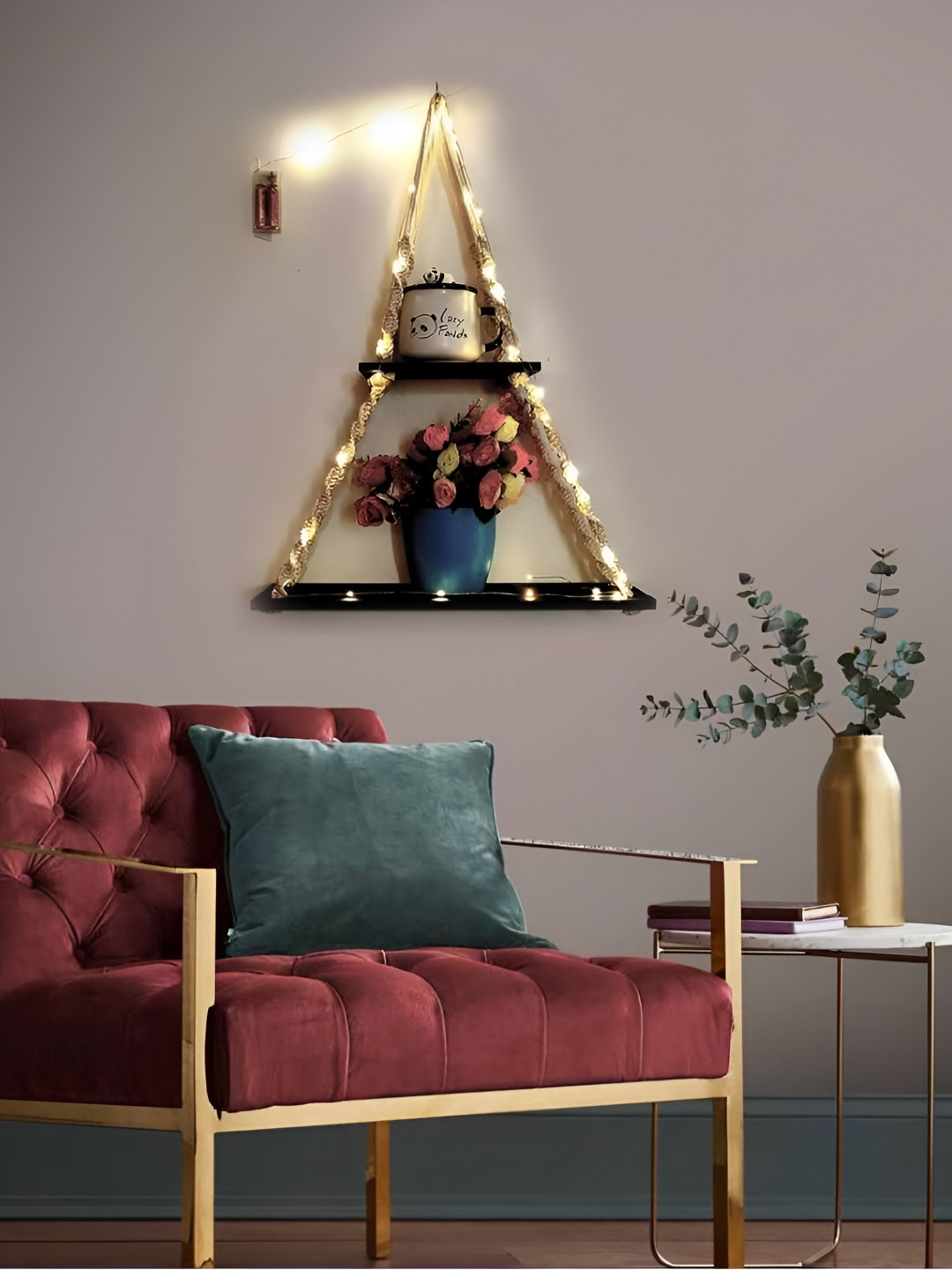 VAH Kya Bat Hai !! Black 2 Tier Wooden Rope Wall Hanging Shelves With LED Light