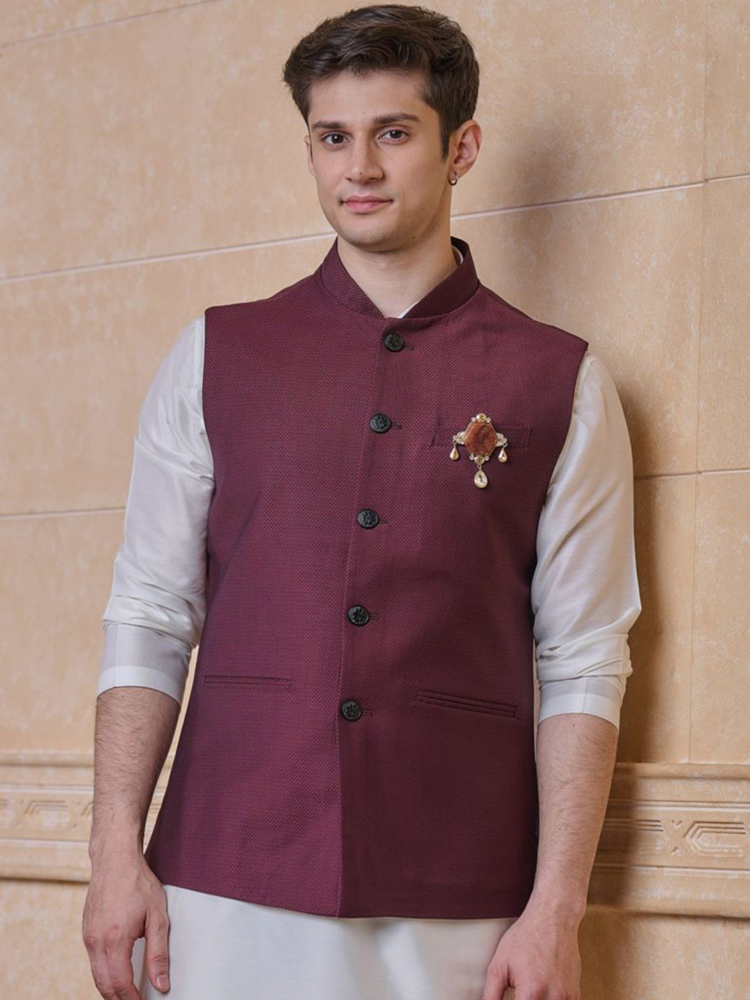 Tasva Woven Design Bundi Nehru Jacket