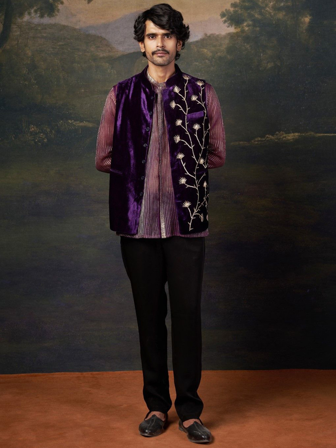 THETAA Hand-Embroidered Velvet Nehru Jacket