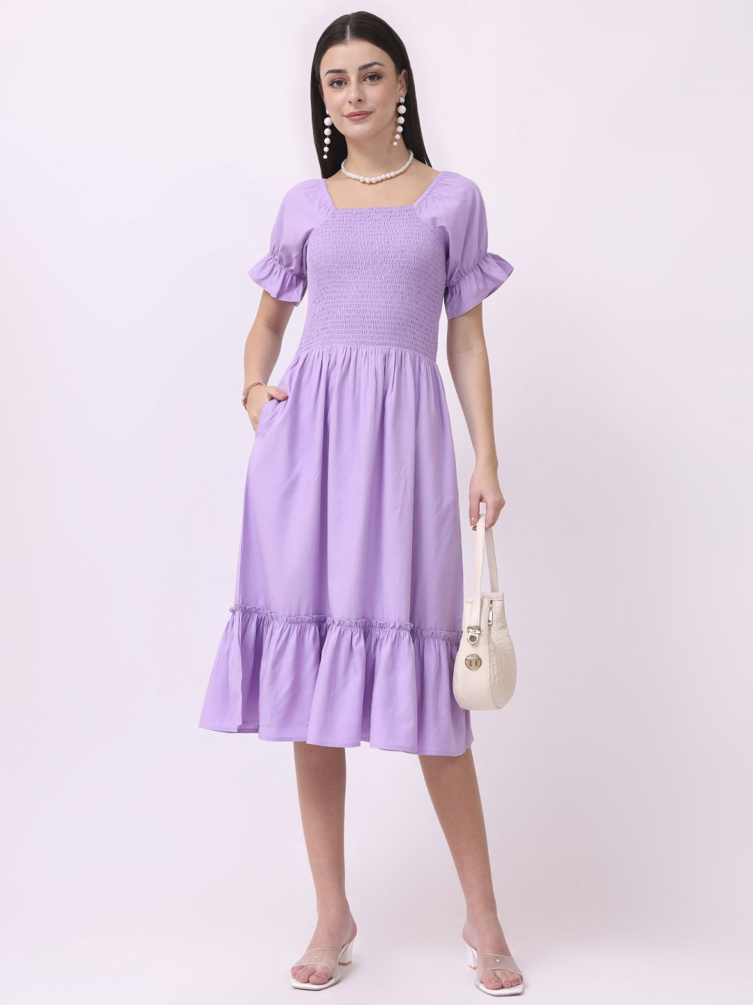 VINISHAA KLOTHING Women Puff Sleeves Fit & Flare Dress With Smocked Detailed