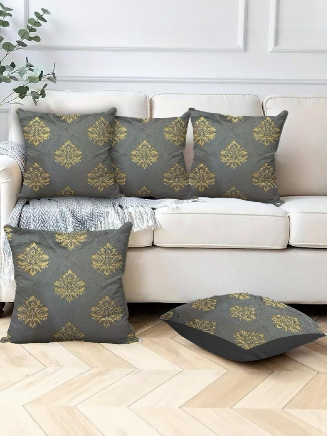 TURIYA Grey & Gold-Toned 5 Pieces Ethnic Motifs Velvet Square Cushion Covers